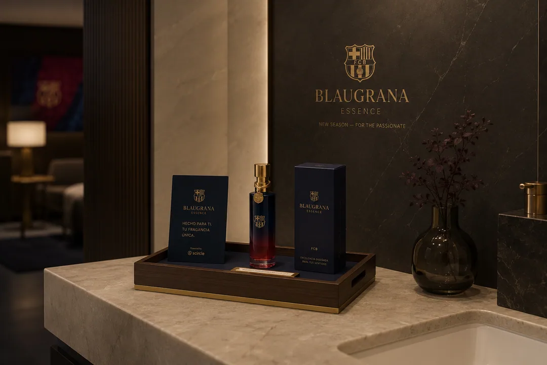Concept render of the Fragrance Corner: “Blaugrana Essence” bottles on a tray in a guest washroom